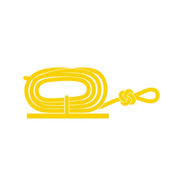 Yellow coiled rope or cord tied to a bollard, simple flat design icon with clean lines on white background