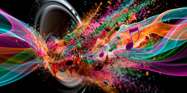 Vibrant colorful musical notes and sound waves exploding dynamically from a speaker against a black background.