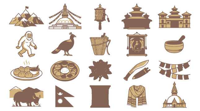 Tan colored Nepal culture and mountain life illustration icons.