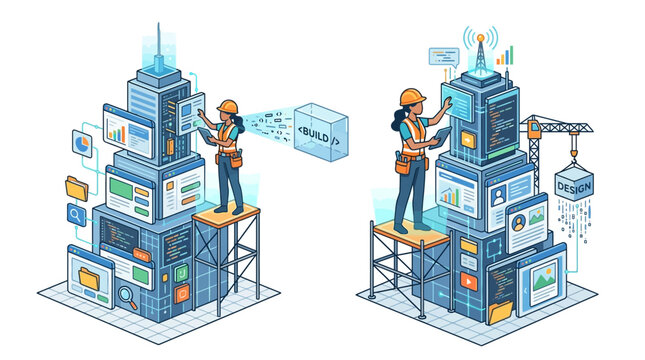 Two isometric towers built from computer screens and data, with workers overseeing the construction and management of digital information.