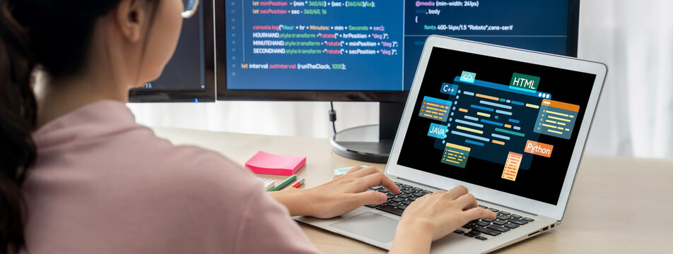 Software development or programming work with coding screen of various programming languages like HTML, , , and C brisk for new application development
