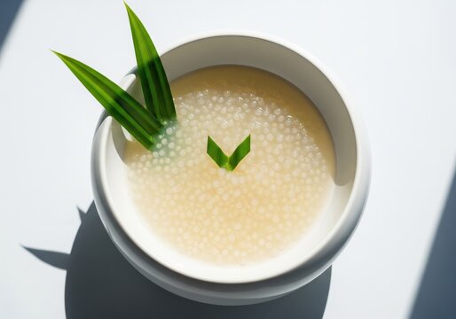 Sweet tapioca pearl porridge with pandan leaves in a white bowl