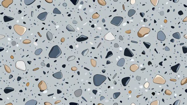 Seamless Light Gray Terrazzo Stone Texture with Grey Marble Chips, Polished Concrete Surface for Architectural Interior Design Background