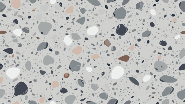 Seamless Light Gray Terrazzo Stone Texture with Grey Marble Chips, Polished Concrete Surface for Architectural Interior Design Background