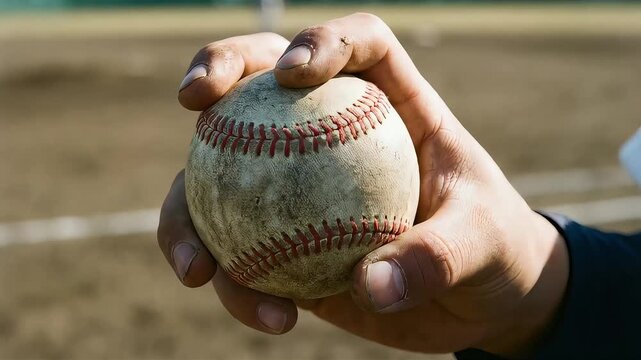 野球場で泥のついた硬式野球ボールを握る選手の手元のアップ