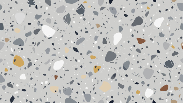 Seamless Light Gray Terrazzo Stone Texture with Grey Marble Chips, Polished Concrete Surface for Architectural Interior Design Background
