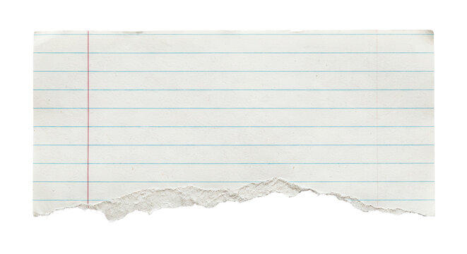 Torn lined paper sheet with red margin line on white background