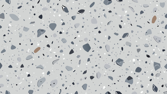 Seamless Light Gray Terrazzo Stone Texture with Grey Marble Chips, Polished Concrete Surface for Architectural Interior Design Background