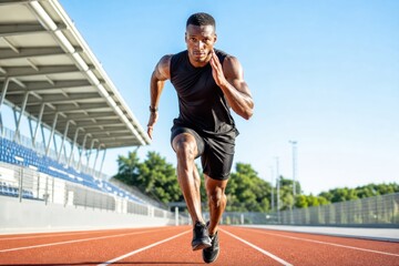 Obraz premium Determined young African American male athlete sprinting on professional running track, dynamic motion, focused expression, muscular physique, sportswear, outdoor stadium, bright sunny day, high.