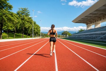 Obraz premium Fit young woman running on red athletic track at outdoor stadium, back view. Professional athlete training for competition, dynamic movement, healthy lifestyle, sunny day, blue sky, modern facility.