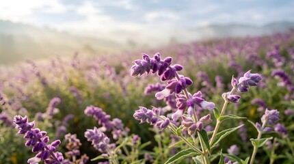 Obraz premium Purple lavender field in bloom at sunrise with soft golden glow and misty morning mountain landscape lavender wildflower landscape