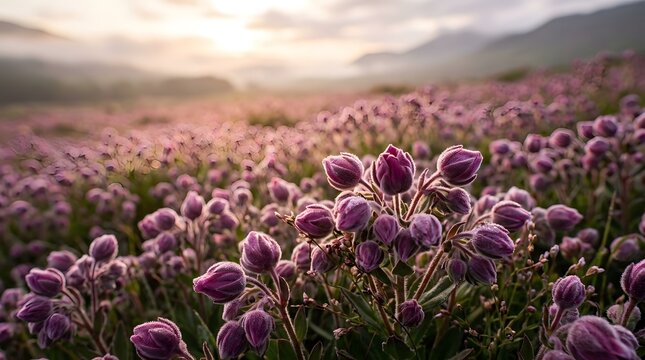 Field of purple pasqueflower pulsatilla blooms at sunrise with soft golden light and distant rolling mountain hills, pasqueflower