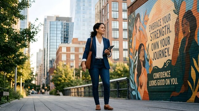 Professional businesswoman observing large inspirational urban wall mural in city center with businesswoman professional business