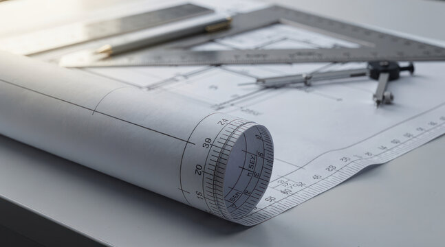 Architectural blueprints and tools for house construction planning on desk.