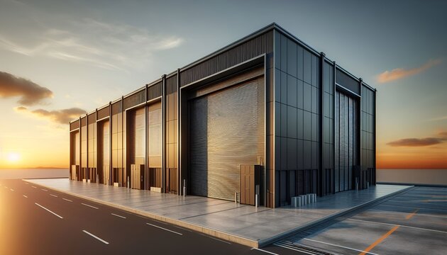 Heavy-Duty Commercial Use Warehouse or Storage Unit Featuring Large Vertical Rolling Exterior Roller Shutter Garage Doors with Sleek Dark Gray Metal Panel Cladding. Industrial Zone at Sunset. 