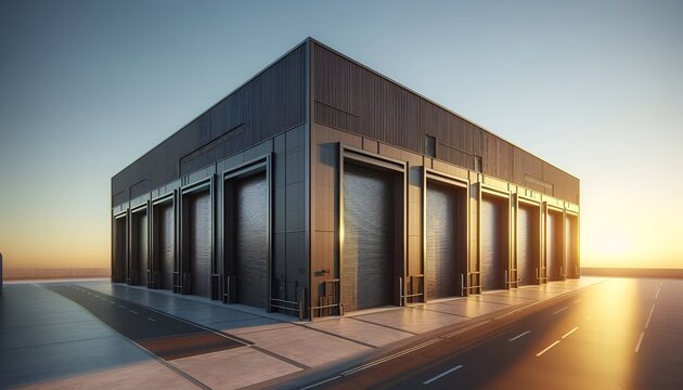 Heavy-Duty Commercial Use Warehouse or Storage Unit Featuring Large Vertical Rolling Exterior Roller Shutter Garage Doors with Sleek Dark Gray Metal Panel Cladding. Industrial Zone at Sunset. 