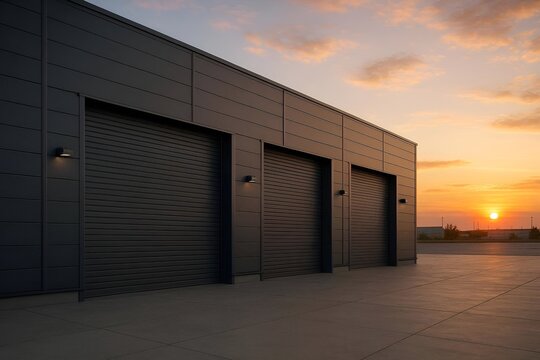 Heavy-Duty Commercial Use Warehouse or Storage Unit Featuring Large Vertical Rolling Exterior Roller Shutter Garage Doors with Sleek Dark Gray Metal Panel Cladding. Industrial Zone at Sunset. 