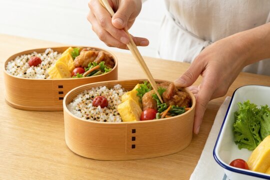 Person preparing traditional Japanese bento box with chopsticks, featuring rice, pickled plum, fried chicken, and tamagoyaki in wooden container on rustic table, healthy homemade lunch concept, top.