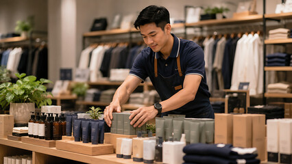 Fototapeta premium Male Retail Employee Organizes Products on Display Shelf in Clothing Store