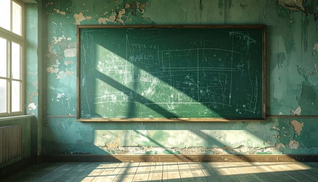 Abandoned Classroom with Sunlit Chalkboard and Peeling Walls