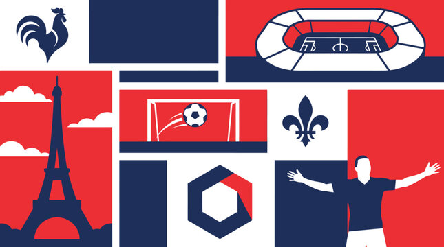 Vibrant collage showcases iconic symbols of France including Eiffel Tower and soccer elements
