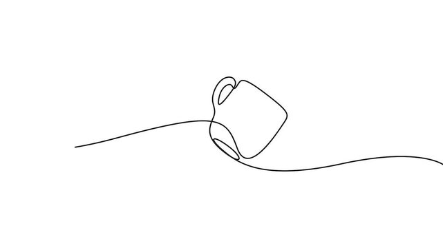 Coffee mug continuous line drawing animation for minimalist cafe branding. Minimalist continuous line art animation of a single coffee mug, isolated on white.
