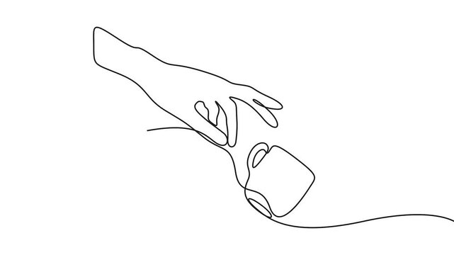 Hand reaching to grab a coffee mug in minimalist line art animation. A continuous line art animation showing a hand reaching for and grasping a coffee mug, isolated on white.