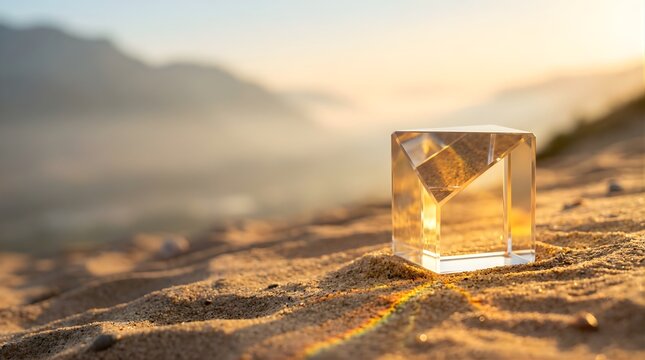 Transparent glass cube reflecting sunrise sunlight on a desert sand dune