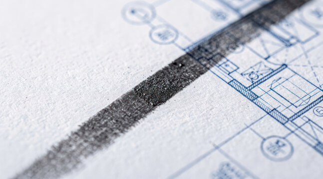 Black charcoal pencil stroke drawing over a blue architectural blueprint