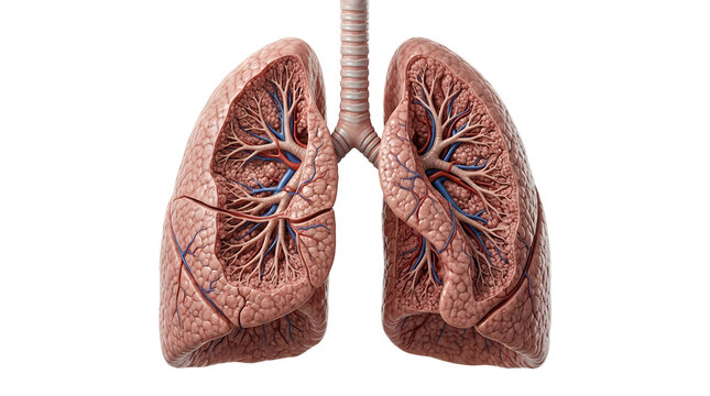 Detailed 3D medical illustration of human lungs isolated on white background.