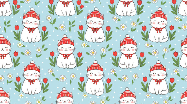 White cats with red hats seamless pattern