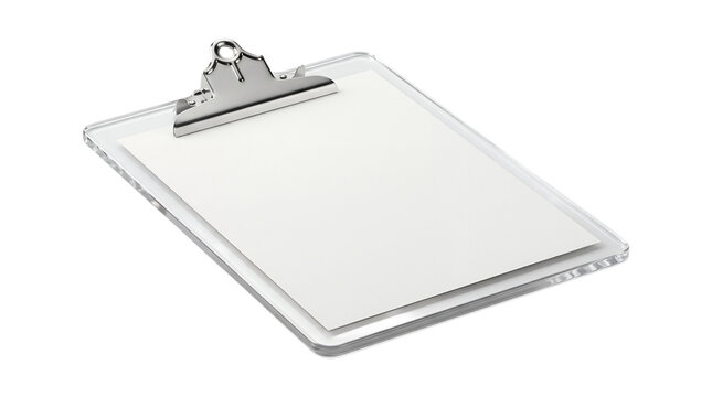 Empty plastic clipboard with blank white paper sheet for notes.