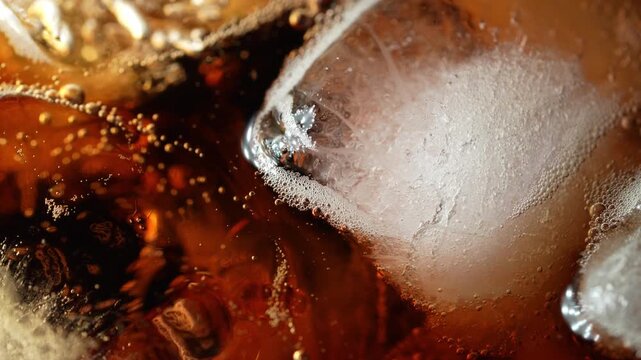 Top view macro of cola soft drink with ice cubes and sparkling bubbles creating refreshing carbonated beverage background. 