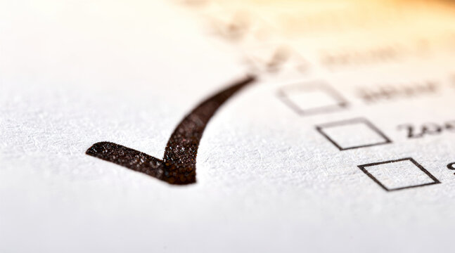 Black ink check mark on white paper questionnaire for survey completion.