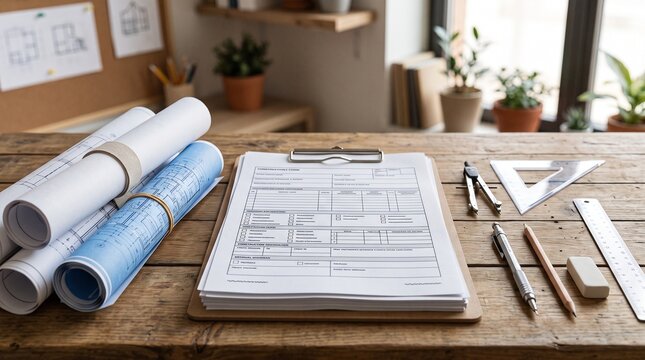 Reviewing construction permit paperwork and architectural blueprints on a wooden desk