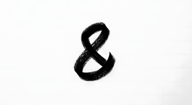 Handwritten black ampersand symbol painted with textured brush strokes on a solid white background. Minimalist abstract ink typography design for graphic layouts and logo elements.