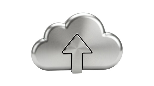 Metallic cloud upload icon representing digital data storage and transfer.