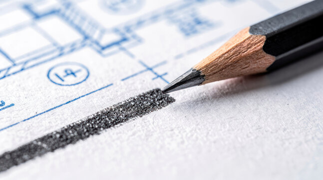 Black pencil drawing a line on a blue architectural floor plan sketch