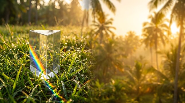 Glass triangular prism creates rainbow light on tropical grass at sunrise