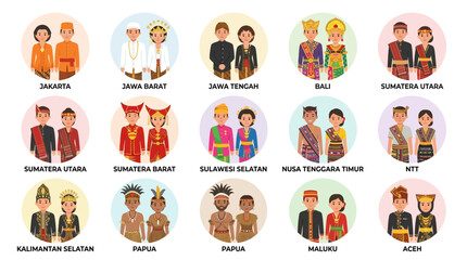 Fototapeta premium Indonesian Traditional Costumes from Diverse Regions Illustration