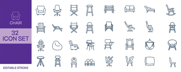Fototapeta premium Furniture icons set with 32 different chair and seating designs