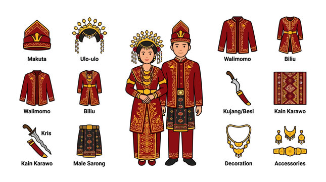Traditional Indonesian wedding attire for couple and accessories