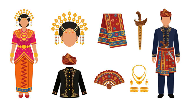 Vector illustration of traditional Malay and Indonesian wedding costumes and accessories