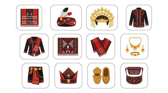Indonesian Batak traditional clothing and cultural accessory icons set.
