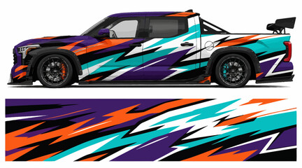 Colorful pickup truck with dynamic racing graphics design. © Wahyu