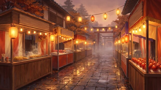 Japanese summer festival food stalls at dusk warm illustration with glowing lights and no people