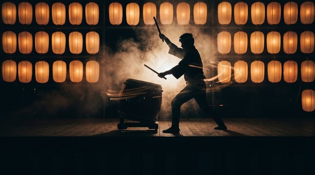 Taiko drummer silhouette against glowing lanterns at japanese night festival with dramatic backlight and copy space