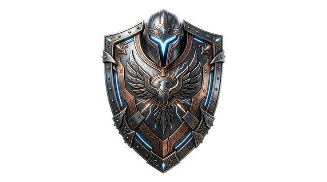 Ornate Medieval Knight Shield With Glowing Blue Energy Core And Eagle Emblem.