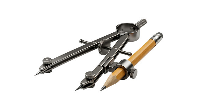 Professional metal drafting compass with yellow pencil for engineering and architectural design projects.