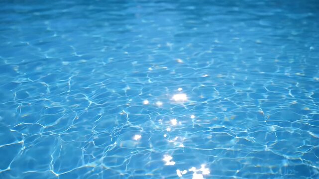 The sparkling blue water of a swimming pool with sunlight reflecting on the surface